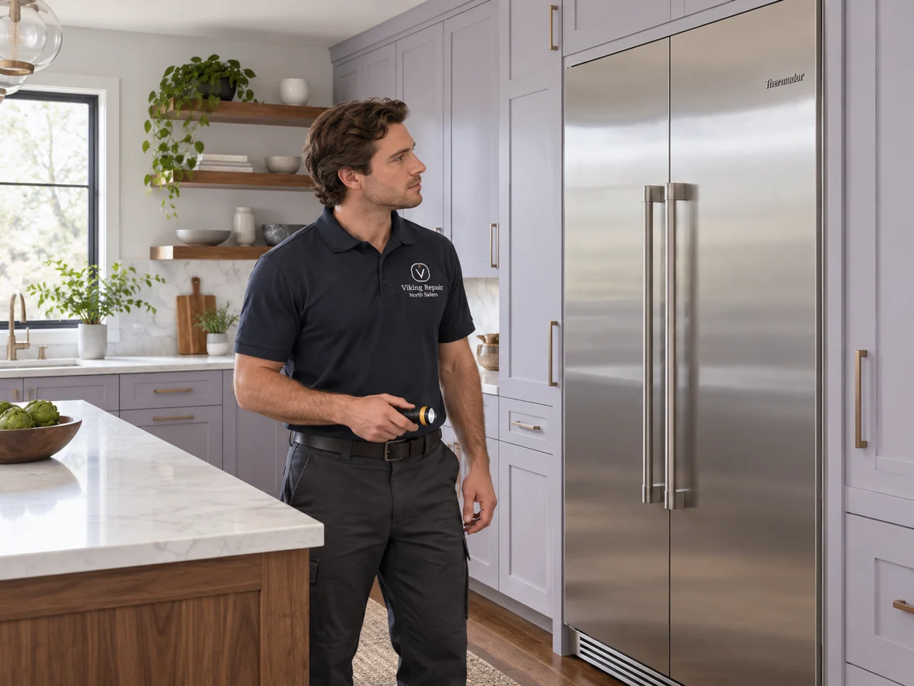 Illustration of a technician wearing the Viking Repair North Salem logo beside a Thermador refrigerator